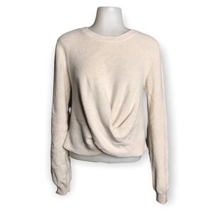 525 America | Cream Ribbed Knit Puff Sleeve Twist Front Sweater Semi Cropped